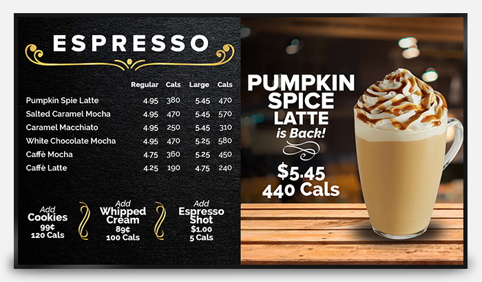 Retail coffee shop digital menu boards calories labelling